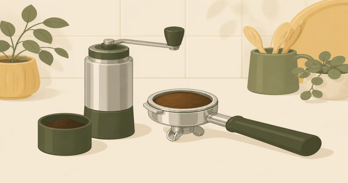 1Zpresso JX-Pro S manual coffee grinder with dosing cup and espresso portafilter on a kitchen counter