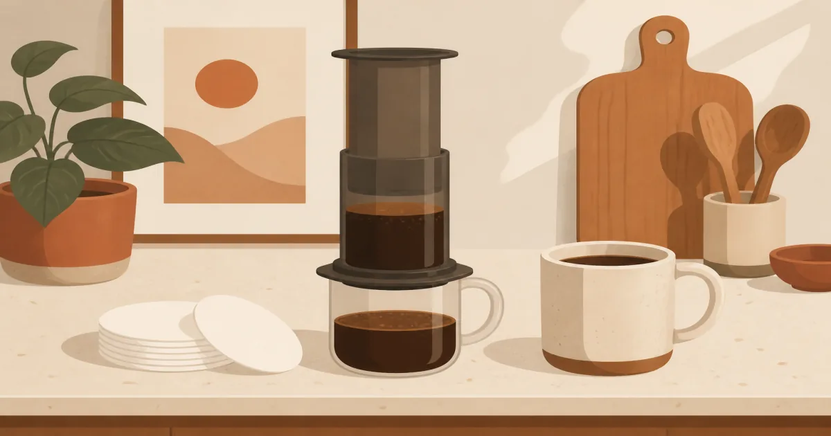 AeroPress coffee maker with paper filters and a mug on a kitchen counter