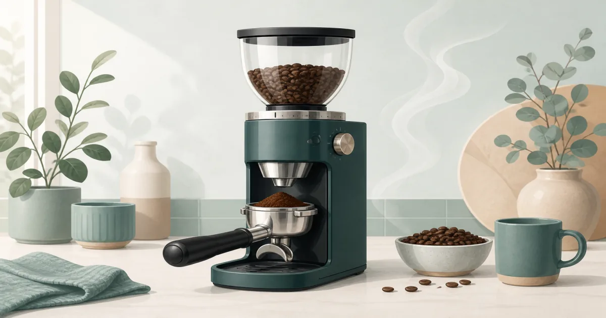 Espresso-capable coffee grinder with portafilter cradle and beans on a kitchen counter