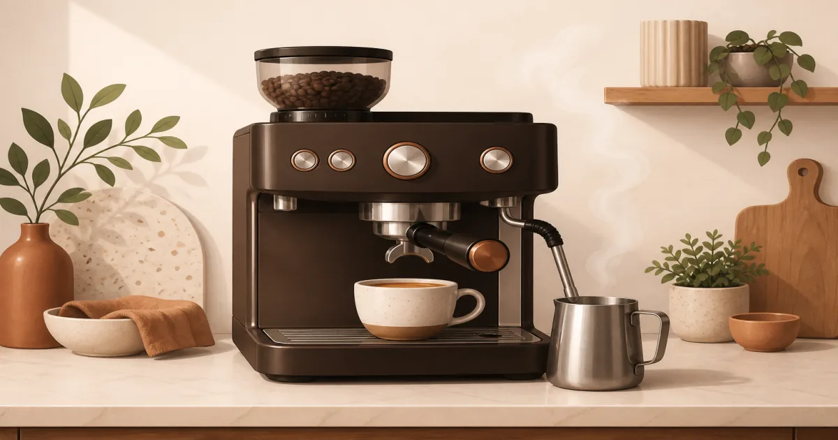 Built-in grinder espresso machine with portafilter and milk pitcher on a kitchen counter