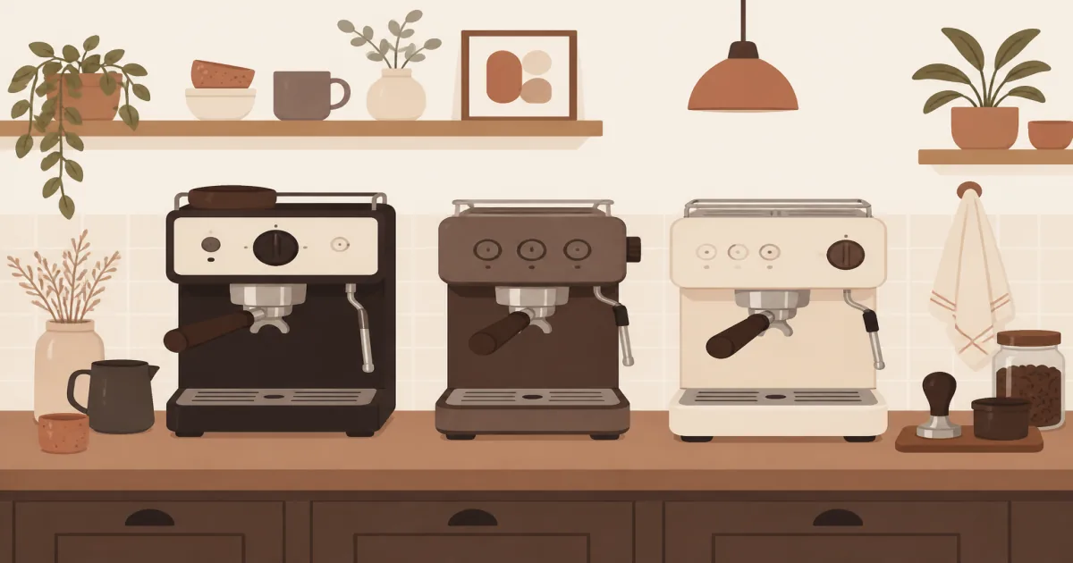 Three Breville home espresso machines with portafilters on a warm kitchen counter