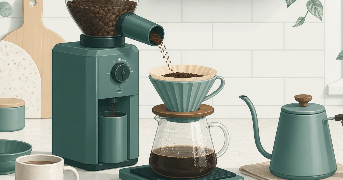 Coffee grinder, pour-over dripper, and kettle on a kitchen counter