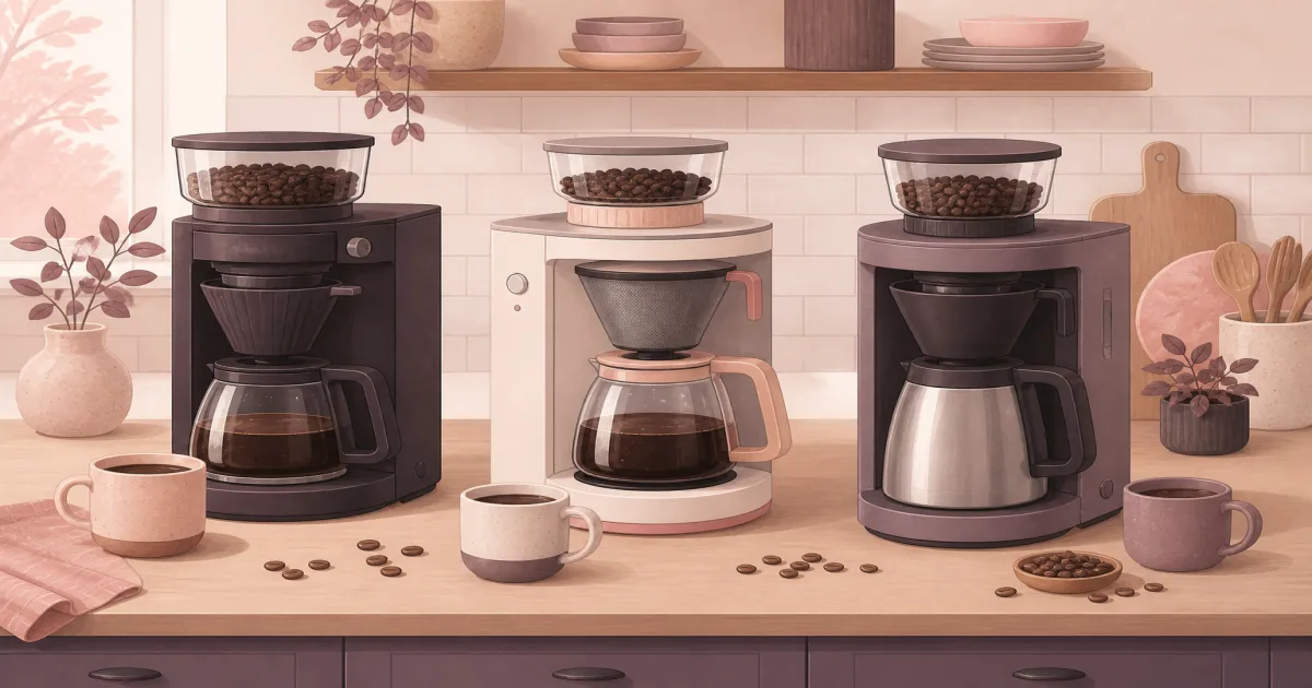 Three grind-and-brew coffee makers on a warm kitchen counter