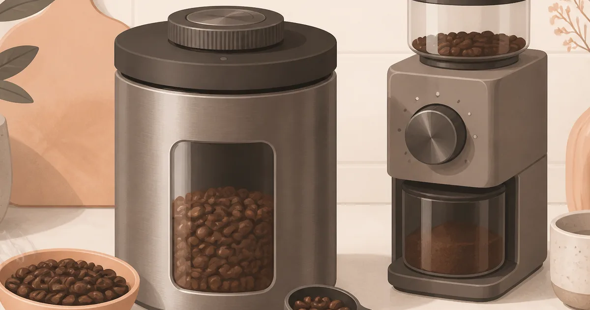 Airtight coffee storage container, coffee beans, and grinder on a kitchen counter