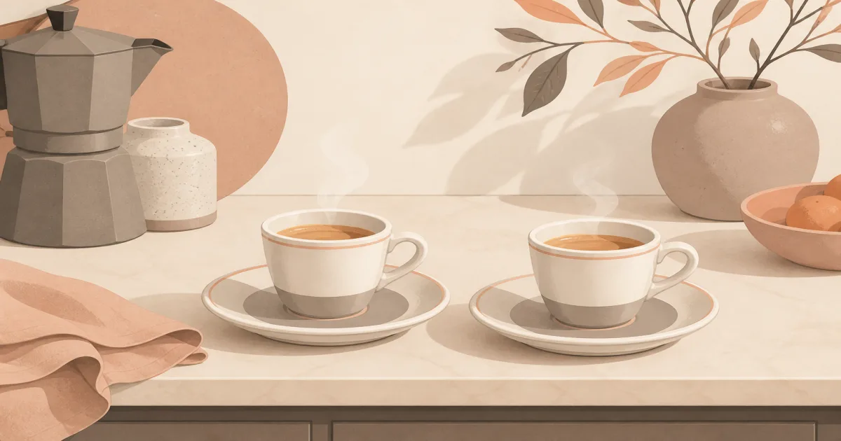 Porcelain espresso cups and saucers on a warm kitchen counter