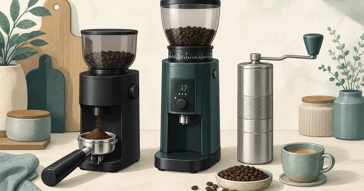 Electric and hand espresso grinders on a home kitchen counter