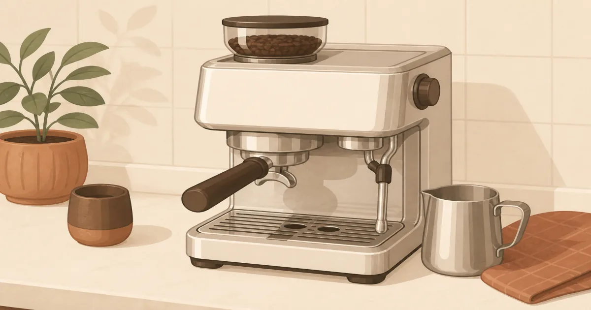 Breville Barista Pro espresso machine with built-in grinder, portafilter, and milk pitcher on a kitchen counter