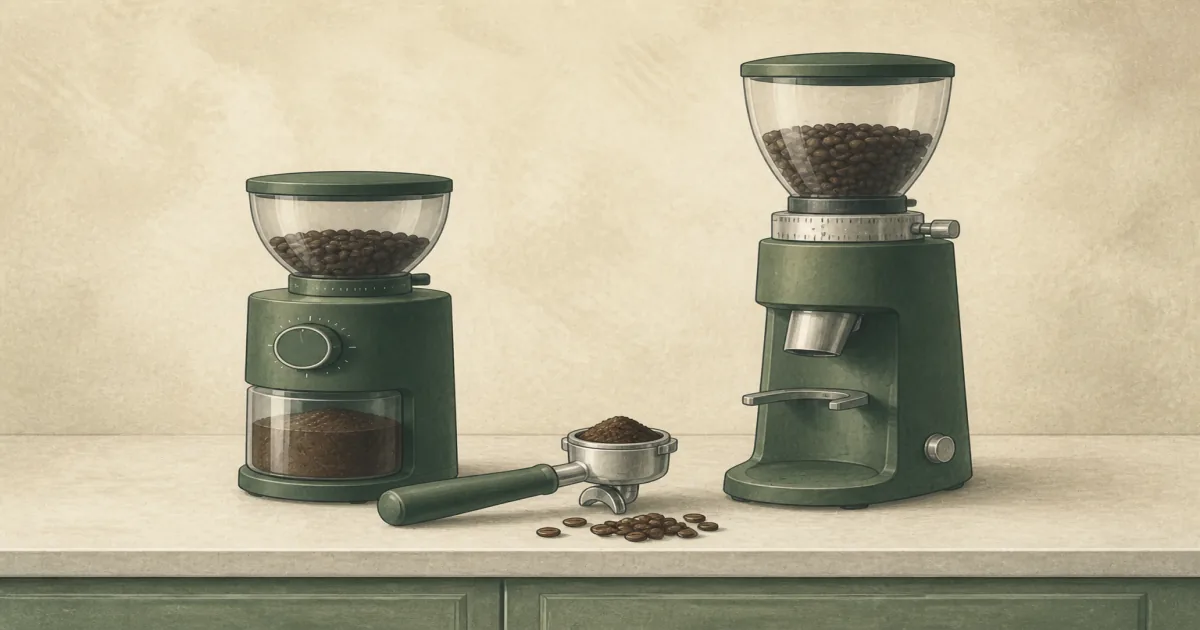 Budget and prosumer coffee grinders side by side with espresso portafilter and beans on a kitchen counter