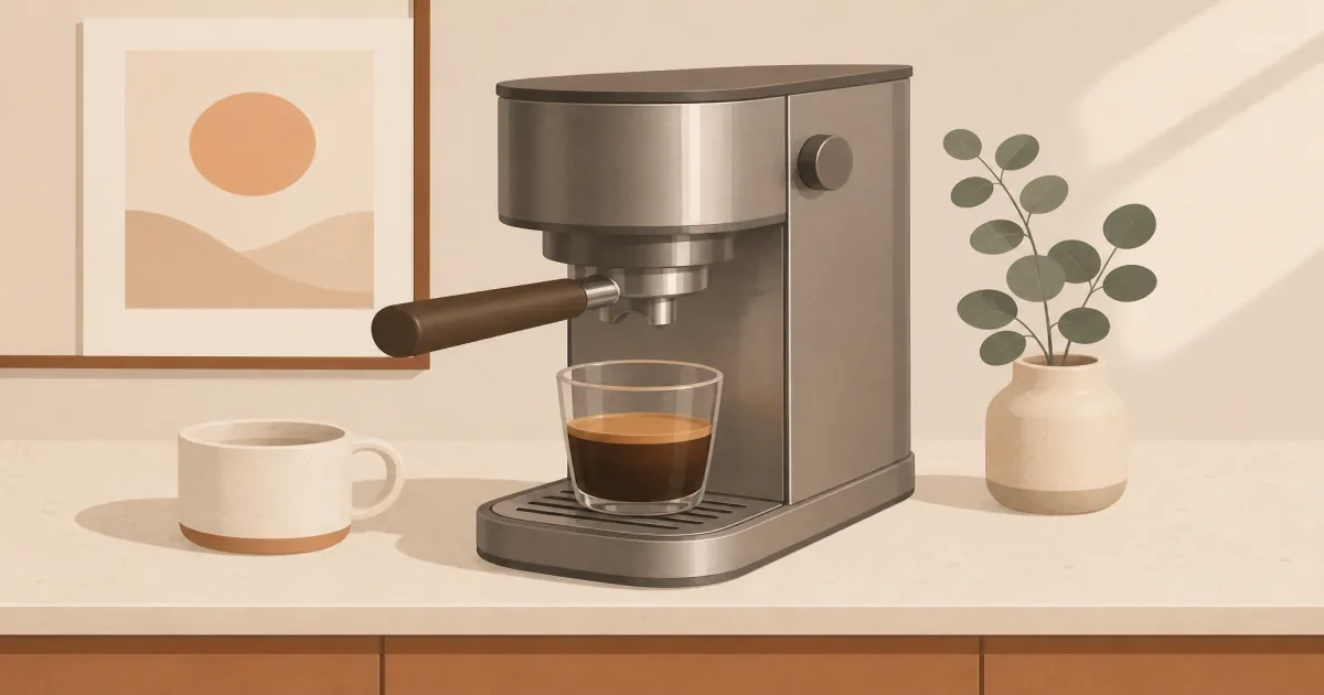 Slim stainless DeLonghi Dedica espresso machine on a small kitchen counter