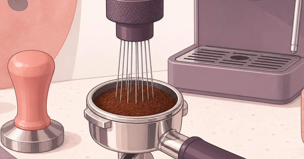WDT espresso distribution tool above a portafilter on a kitchen counter