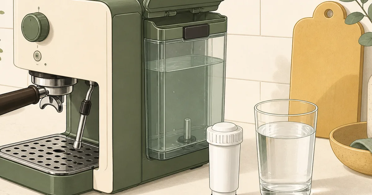 Home espresso machine water tank with a replacement water filter