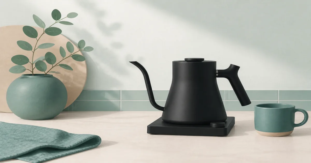 Matte black Fellow Stagg EKG electric gooseneck kettle on a pour-over station