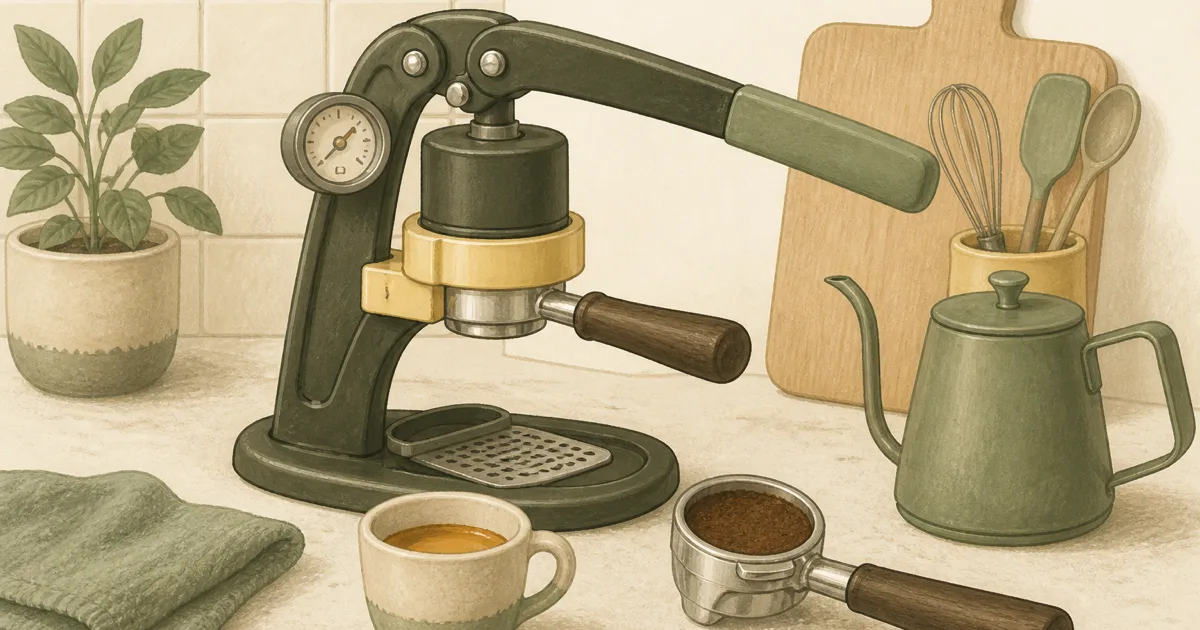 Manual lever espresso maker with portafilter and cup on a kitchen counter
