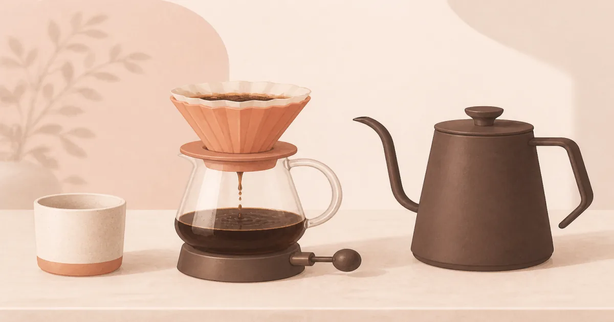 Hario Switch size 02 glass immersion dripper with ball valve on a kitchen counter beside a gooseneck kettle