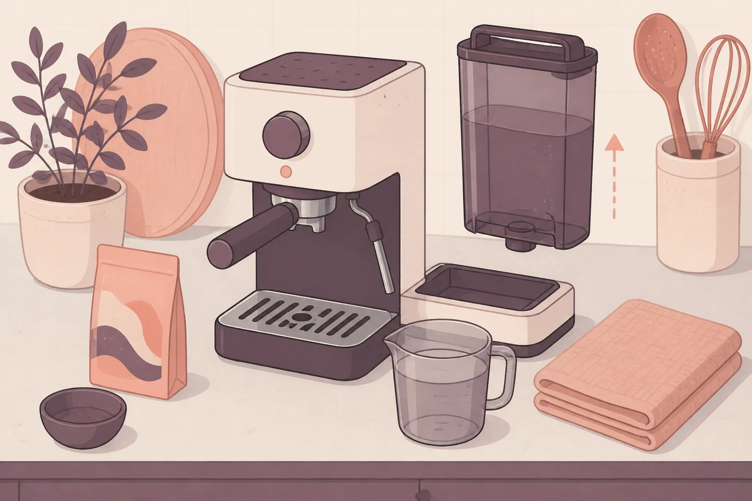 Espresso machine water tank, descaler, and measuring cup on a counter