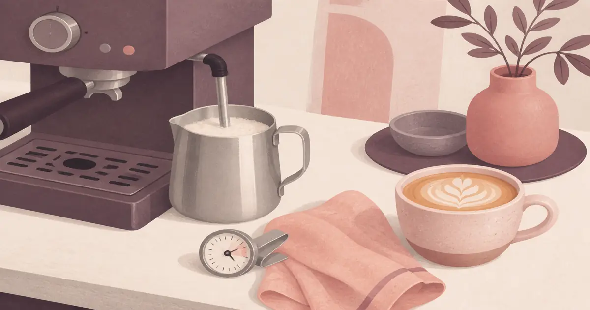 Stainless milk pitcher and steam wand on a home espresso machine