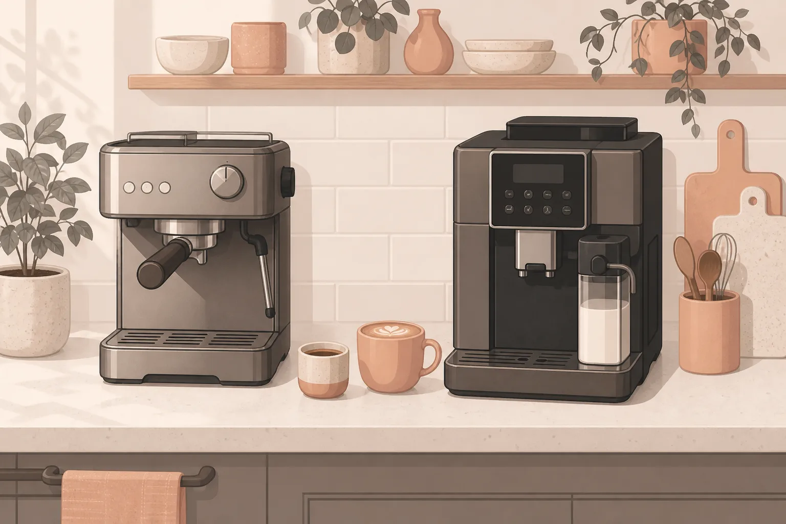 Semi-automatic and super-automatic espresso machines on a home counter