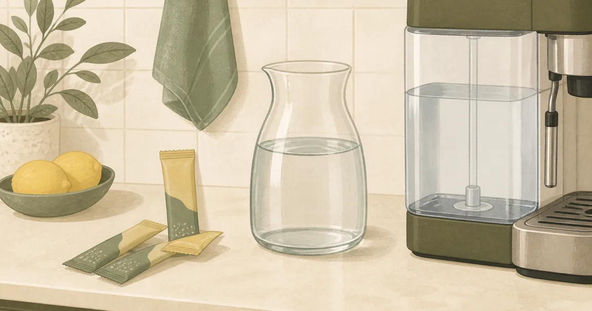 Mineral water packets and a glass carafe beside a home espresso machine