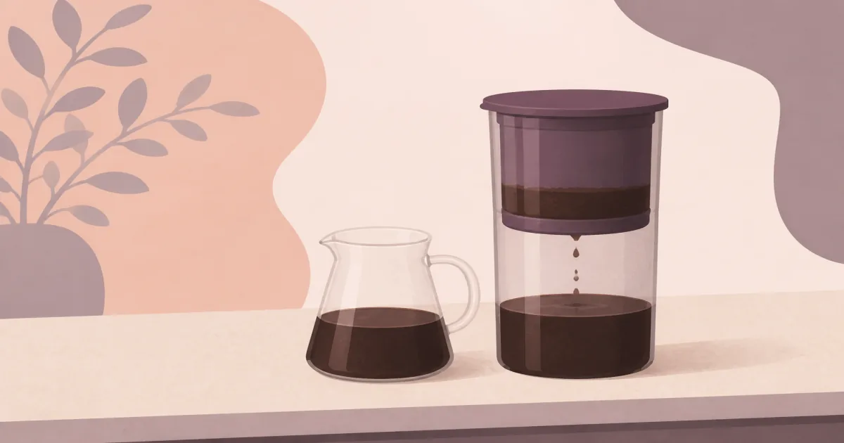 Toddy cold brew system brewing bucket and glass decanter with concentrate on a kitchen counter
