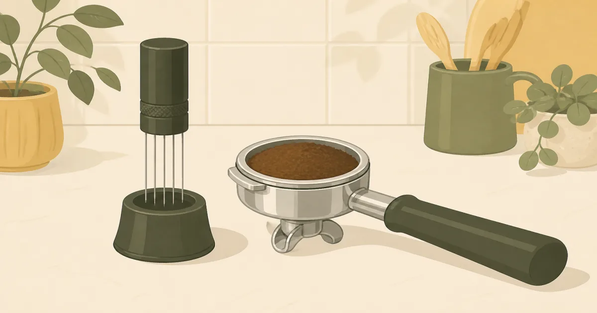 Needle WDT espresso distribution tool beside a portafilter on a counter