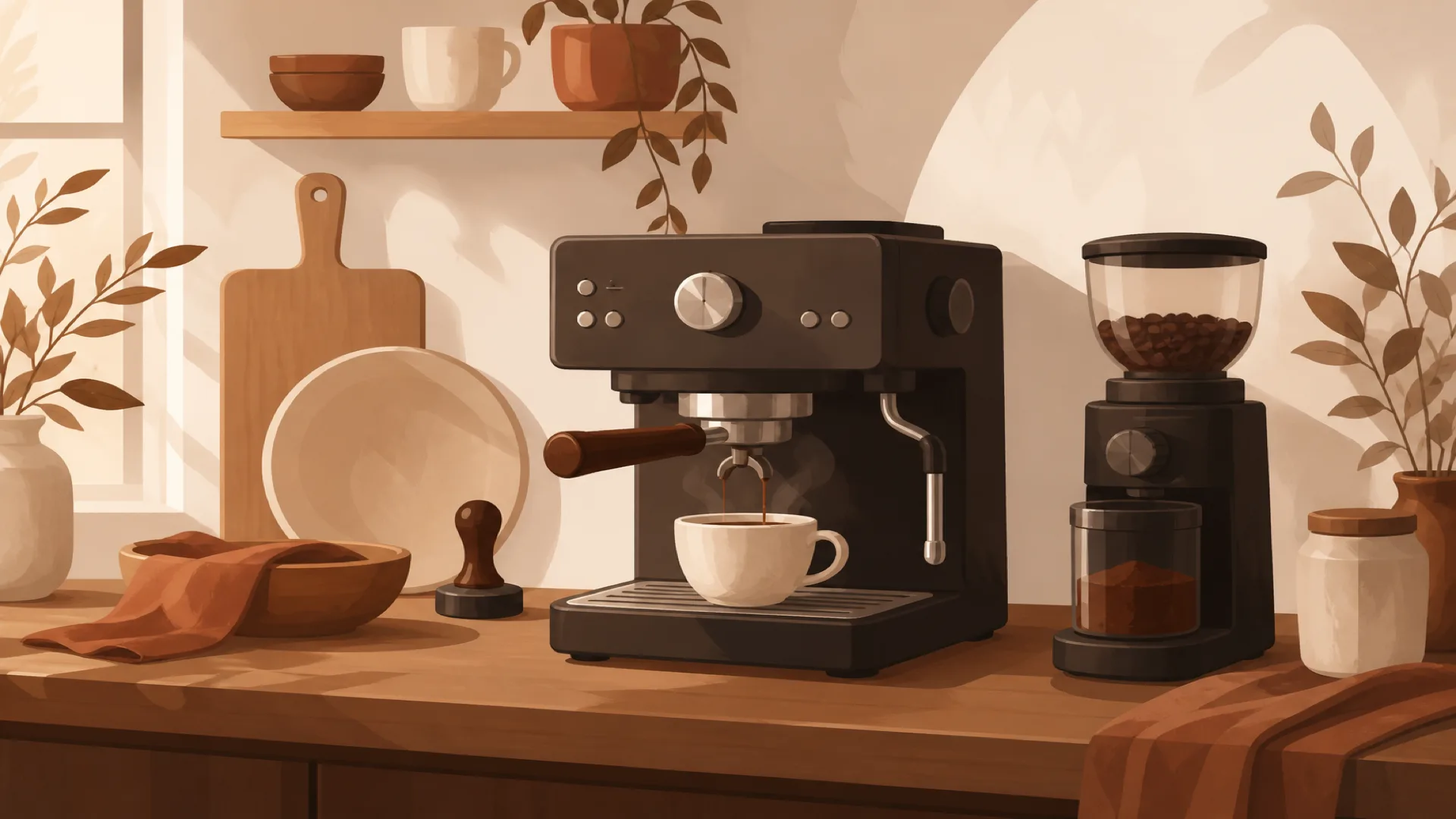 Espresso machine and coffee cup on a warm countertop in espresso brown tones